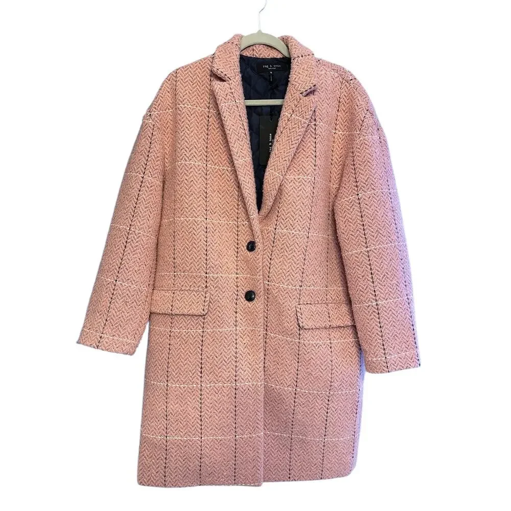 Rag & Bone Estelle Pink Cocoon Checked Wool Coat Medium